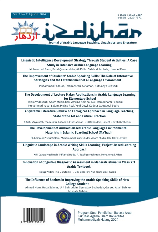 					View Vol. 7 No. 3 (2024): Izdihar: Journal of Arabic Language Teaching, Linguistics, and Literature
				